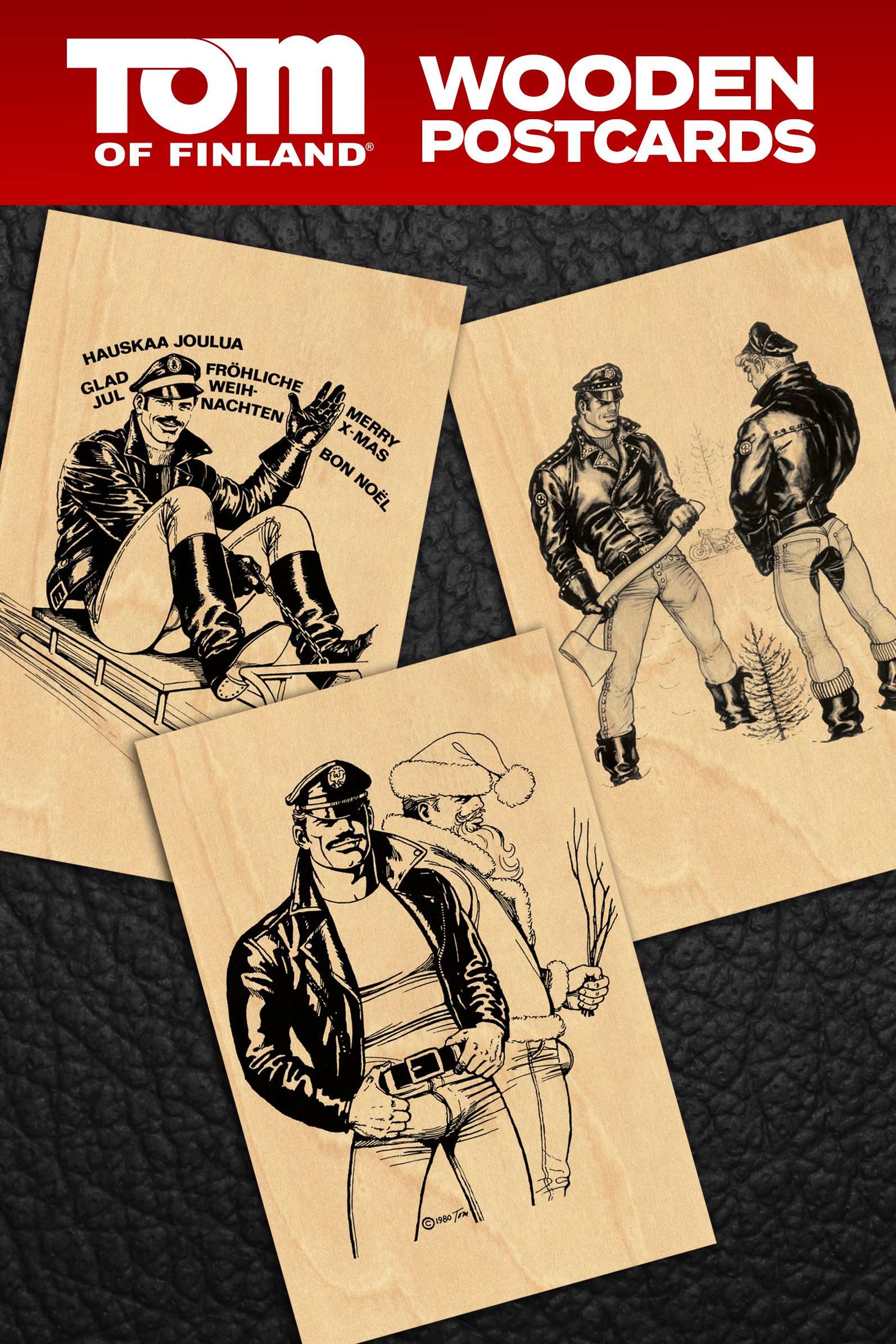 Tom of Finland Wooden Christmas Postcars — Gay Greeting Cards by